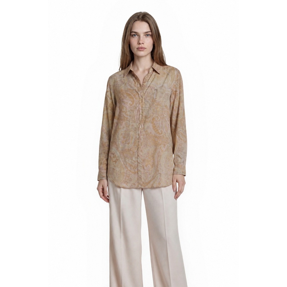 Lauren Ralph Lauren 100% Cotton Shirt Women's Size Small Petite SP Tan Paisley